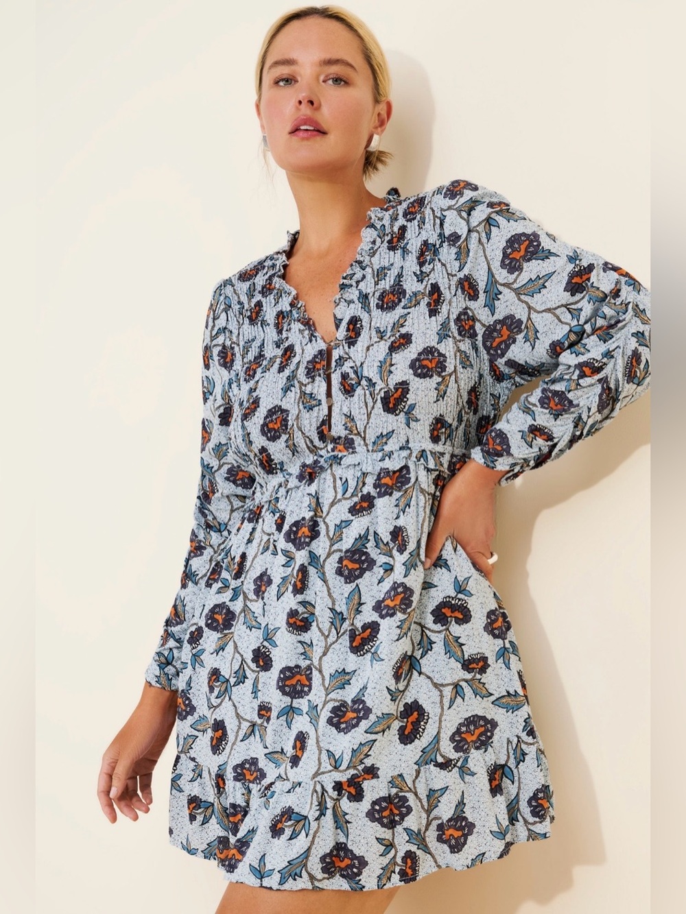 By Anthropologie Boho Floral Smocked Ruffle Dress | long-sleeve